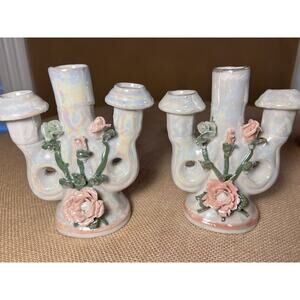 Lusterware Mid Century Opalescent Porcelain Rose Candelabra--Set of 2--Vintage